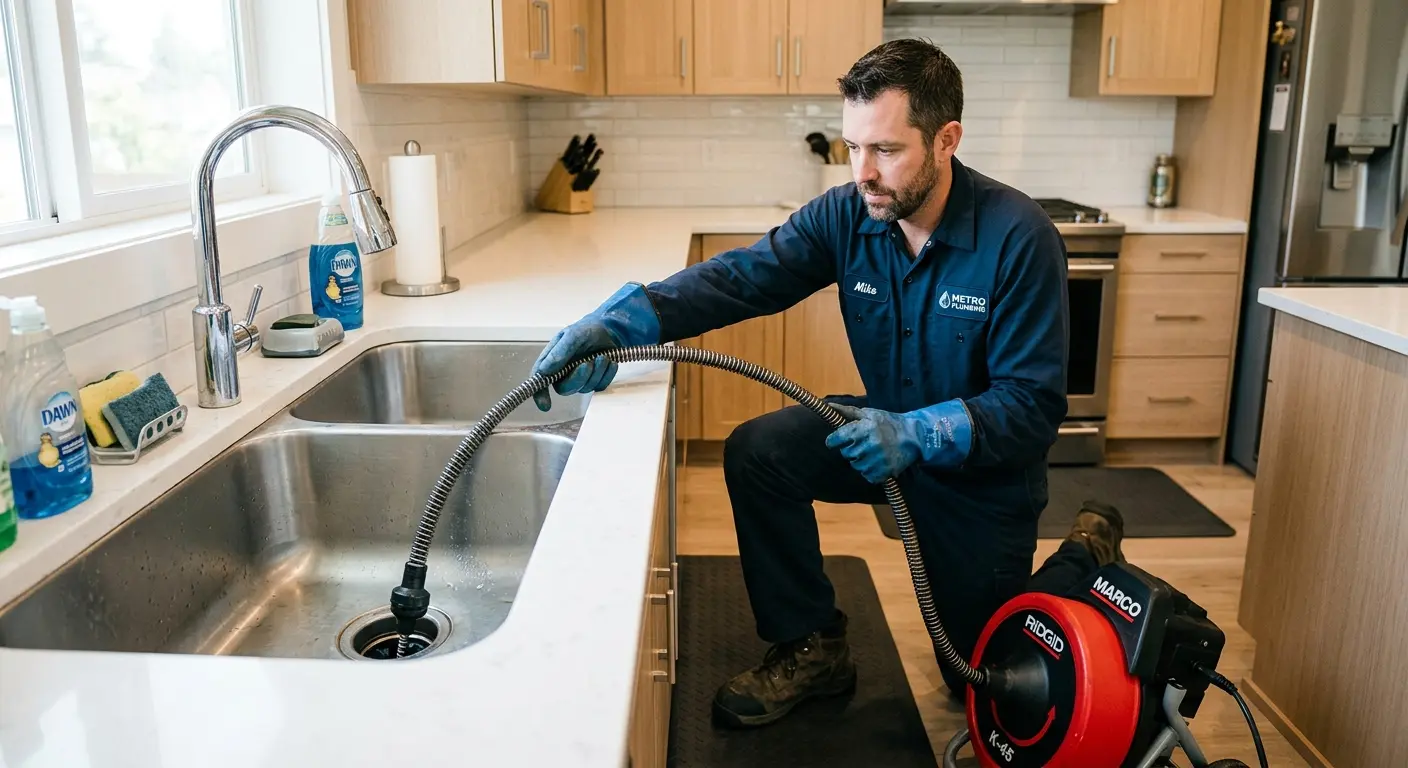Drain cleaning technician using a motorized snake on a kitchen sink in East Bakersfield