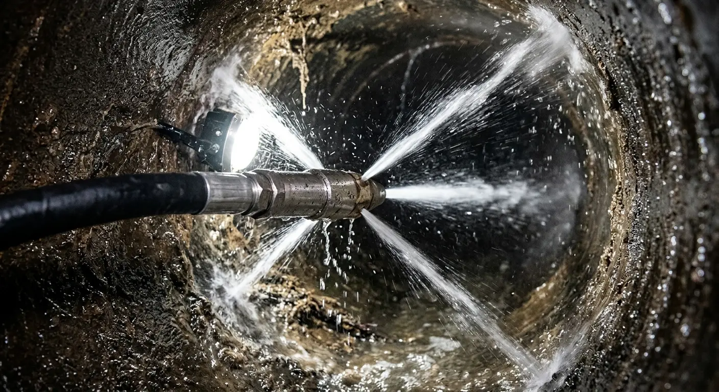 High-pressure hydro jetting nozzle cleaning sewer pipe for Storm Drain Cleaning in East Bakersfield