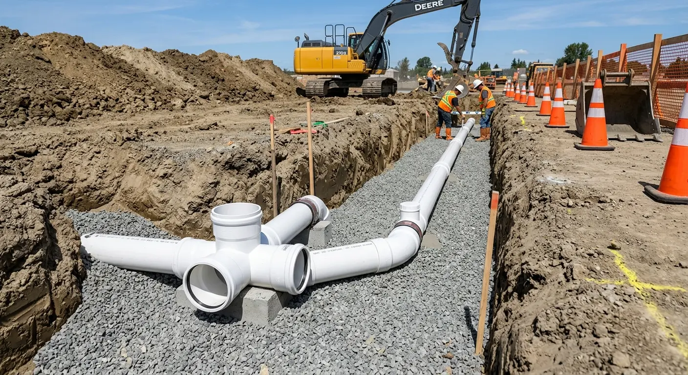 New PVC sewer pipe installation in open trench for Sewer Backup in East Bakersfield