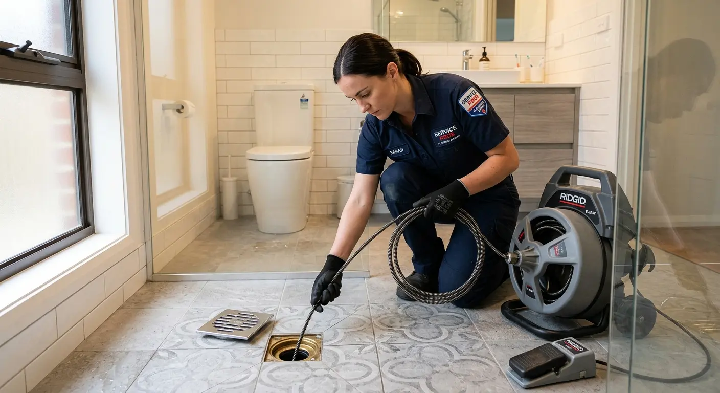 Technician clearing a bathroom floor drain for Sewer Line Replacement in East Bakersfield